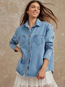 WESTFADE Heart Pocket Collared Button Front Cotton Blend Denim Shirt Jacket Shacket Cute Fall Tops, Autumn, Winter, Casual, Western Wear, Cowgirl Clothes, Boho, Country Concert