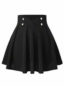 Rometta Plus Size Solid Color Button Decorated Pleated Mini Skirt