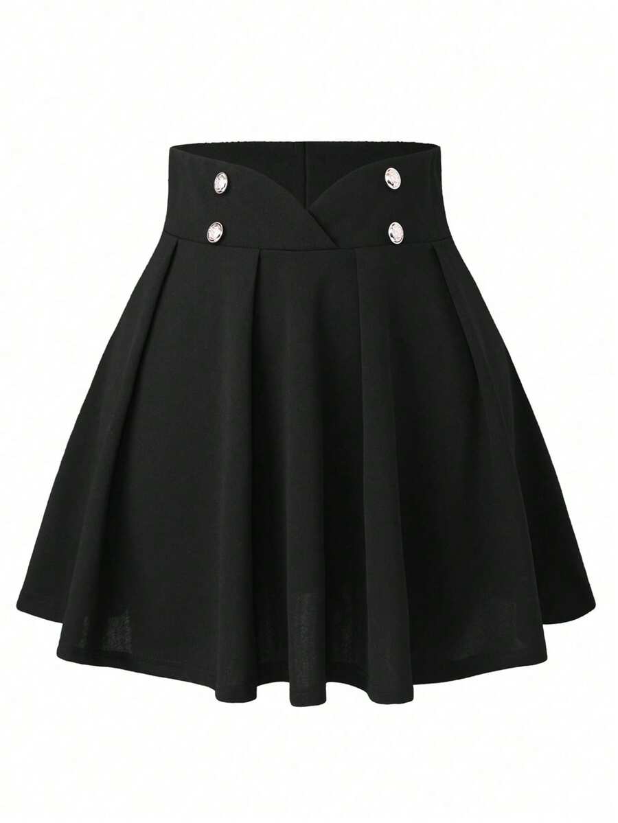 Rometta Plus Size Solid Color Button Decorated Pleated Mini Skirt