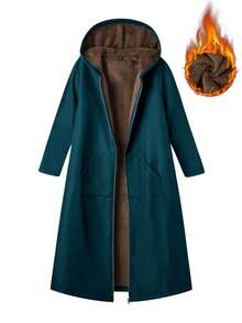 SHEIN Unity Plus Size Zip-Up Hooded Fleece Jacket, Warm For Autumn/Winter - Teal Blue - View 1