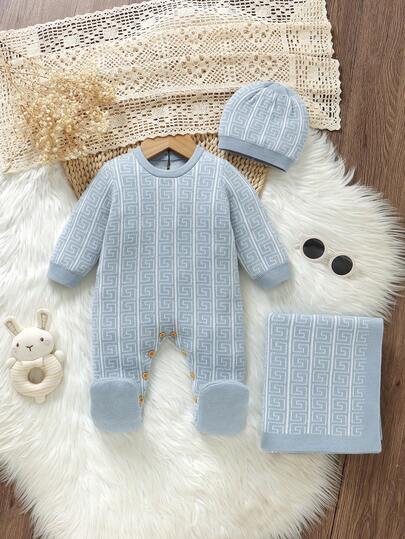 3 件套新生儿套装：复古花卉提花毛衣连体衣（圆领长袖连体衣，配袜子和裤子）+ 可爱帽子 + 针织毯，蓝色