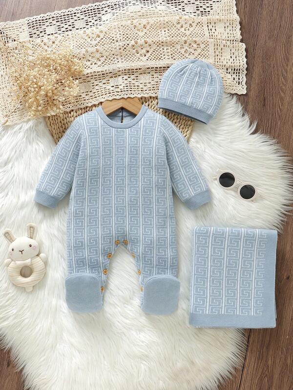 3 件套新生儿套装：复古花卉提花毛衣连体衣（圆领长袖连体衣，配袜子和裤子）+ 可爱帽子 + 针织毯，蓝色