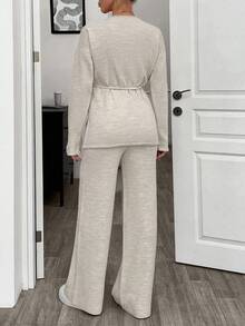 EURMUSE 2pcs/Set Knitted Long Sleeve Top With Pocket And Long Pants - Apricot - View 2