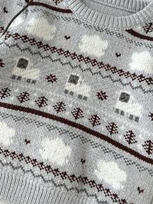 SHEIN Playful Pals 男婴休闲、时尚、简约可爱的灰色 Fair Island 针织圆领长袖毛衣，饰有小羊图案和条纹针织长裤，适合日常生活、旅行、度假、居家和托儿所穿着。 - 淺灰色 - 查看 3