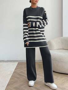 EURMUSE Women Stripe Pattern Button Detailed Round Neck Drop Shoulder Pullover & Sweater Pants Set - Dark Grey - View 6