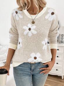 EMERY ROSE 女士休闲蓬松花朵图案圆领落肩长袖针织套头衫，秋冬 - 米色 - 查看 4