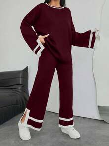 EURMUSE 1pc Contrast Trim Drop Shoulder Sweater & 1pc Knit Pants,Loungewear Set,Petite,Winter Clothes,Two Piece Set Women - Burgundy - View 6