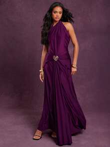 Hauture Sexy One Shoulder Halter Raspberry Dress – Front Drape Low Back & Metal Flower Party Dress