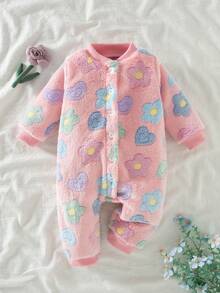 SHEIN Playful Pals 1 bộ đồ mùa đông cho bé gái thu/đông mới họa tiết hoa nhung hở phía trước tay dài, bộ đồ liền thân dày ấm áp nhiều màu sắc cho bé - Hồng - Xem 3