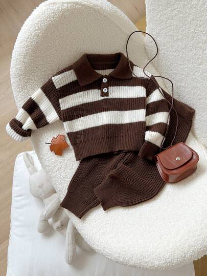 SHEIN Playful Pals Toddler Boys' Sweater Set, Striped Knit Pullover And Pants 2 Pieces Outfit, Loose Fit, Suitable For Autumn And Winter Autumn And Winter Two Piece Suit Baby Boys Outfit Baby Boy Knitted Set Brown Baby Boy Outfit Knit Two Piece Toddler