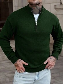 Manfinity Homme 男士纯色休闲落肩长袖四分之一拉链针织衫，秋冬高领男士套头毛衣 - 綠色 - 查看 4