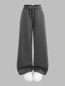 SHEIN 3 件套青少年女孩休闲运动裤，黑色和灰色，低腰松紧腰带宽松阔腿慢跑裤