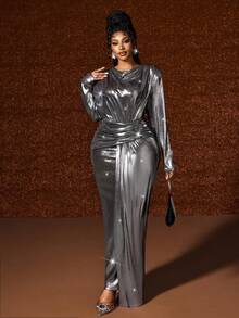 Maweii Váy dài tay thời trang cao cấp, sang trọng, bóng bẩy, cỡ lớn - Bạc - Xem 1