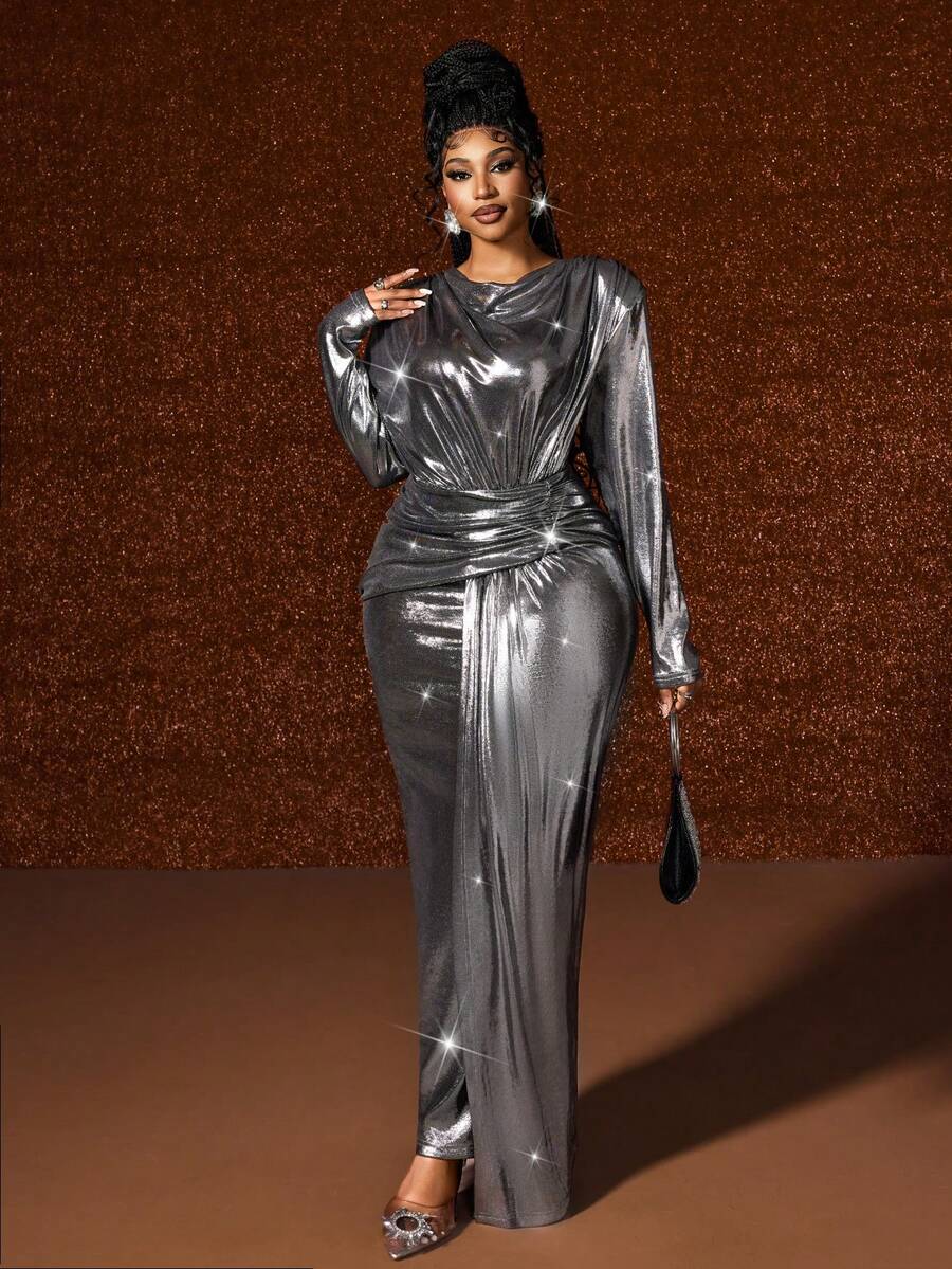 Maweii Váy dài tay thời trang cao cấp, sang trọng, bóng bẩy, cỡ lớn - Bạc - Xem 1