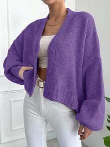 EURMUSE Women's Solid Color Drop Shoulder Long Sleeve Single Breasted Casual Loose Cardigan - Purple - View 4