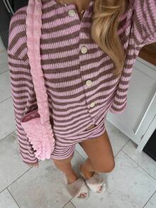 CovetEZ 2pcs Knitted Striped Casual Women Buttoned Front Long Sleeve Top And Shorts Set Knit Two Piece Set Two Piece Set Women Comfy Long Sleeve Two Piece Set Two Piece Lounge Set Comfortable Two Piece Set