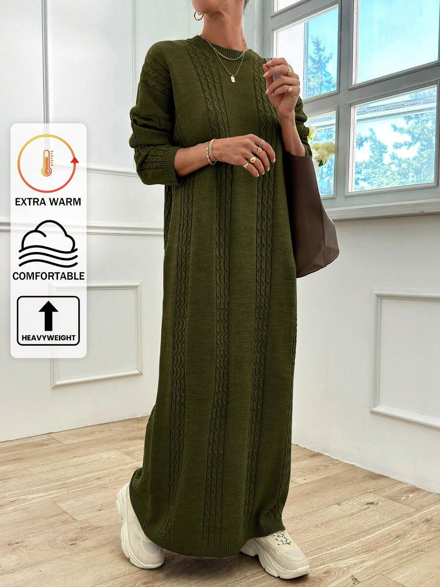 EURMUSE Vestido suéter de cuello redondo con caída de hombros y patrón de cable - Verde Oscuro - Ver 1