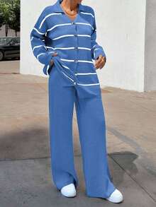 EURMUSE Women Striped Sweater Cardigan And Pant Set - Royal Blue - View 7