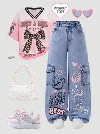 SHEIN ChillGRL Tween Girls' Denim Cargo Wide Leg Pants, Chic Street Fashion Casual Sporty Style Recommended For School, Vacation, Black + Pink Heart + English Print Cute & Sweet Fall Winter