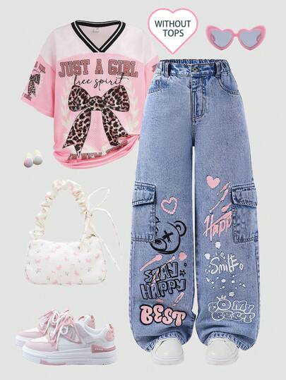 SHEIN ChillGRL 青少年女孩牛仔工装阔腿裤，时尚街头时尚休闲运动风格，适合上学、度假，黑色 + 粉色爱心 + 英文印花，可爱甜美