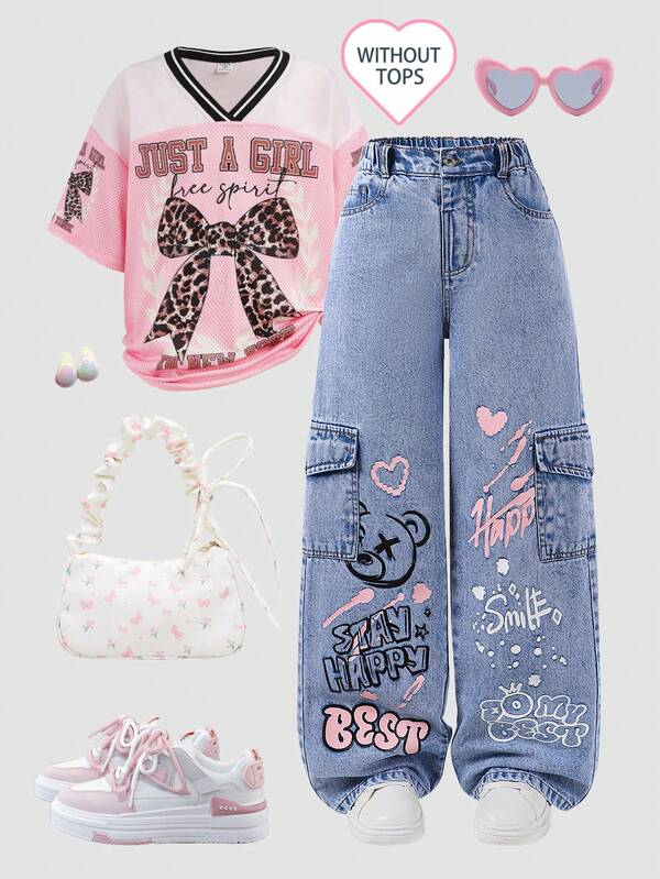 SHEIN Tween Girls' Denim Cargo Wide Leg Pants, Chic Street Fashion Casual Sporty Style Recommended For School, Vacation, Black + Pink Heart + English Print Cute & Sweet Fall Winter