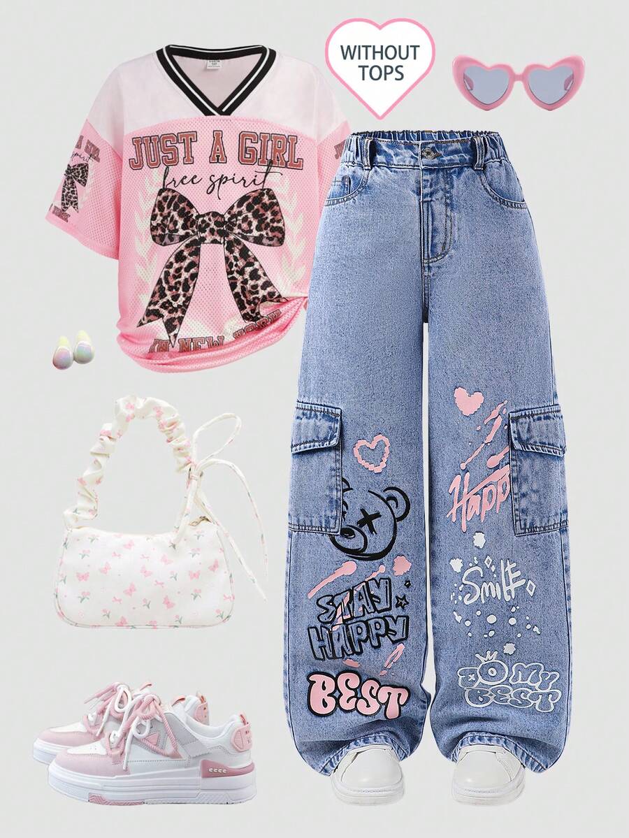 SHEIN ChillGRL 青少年女孩牛仔工装阔腿裤，时尚街头时尚休闲运动风格，适合上学、度假，黑色 + 粉色爱心 + 英文印花，可爱甜美 - 淺色水洗藍 - 查看 1