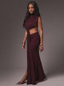 Hauture Sexy Mock Neck Front Drape Maxi Mesh Dress – Gold Ring Detail Party & Night Out Dress - Red Violet - View 5