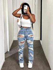 SHEIN SXY 加大码女式牛仔风格破洞秋季 Y2K 宽松破洞牛仔牛仔裤 - 淺色水洗藍 - 查看 8