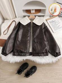 少女复古风保暖彼得潘领外套，象牙色毛绒领，羊羔绒内衬口袋和拉链 - 秋冬外套，可机洗，保暖御寒，复古风保暖夹克，适合旅行 - 咖啡棕 - 查看 3
