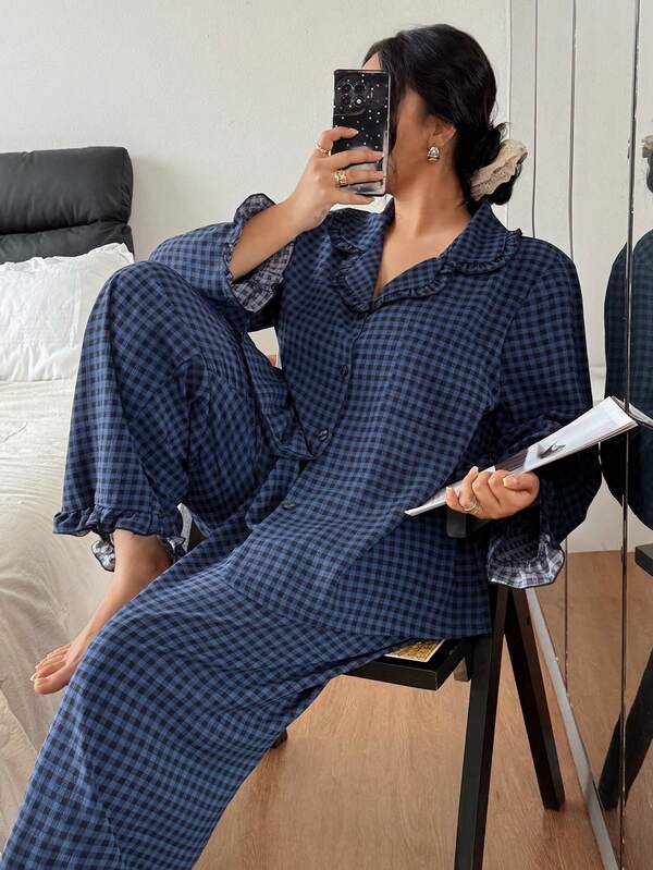 Dream Adore بيجامة مربعات الياقة المقلمة مقاس كبير ملابس الخريف