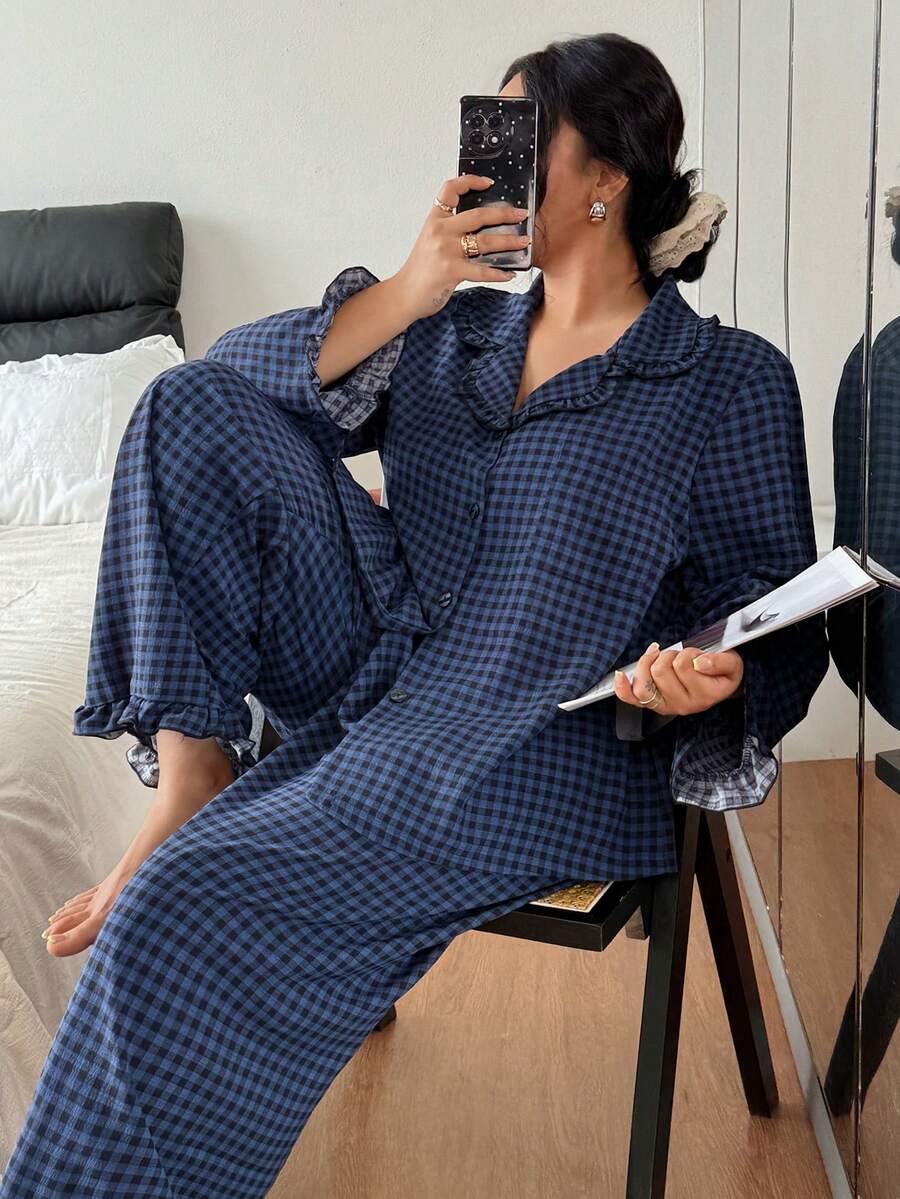 Plus Size Plaid Lapel Top & Pants Pajama Set Fall Winter Clothes - Multicolor - View 1