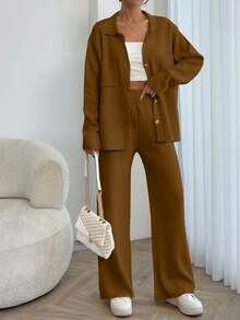 EURMUSE Women Solid Color Collar Neck Front Button Pocket Detailed Pullover & Sweater Pants Set,Petite,Winter Clothes - Brown - View 4