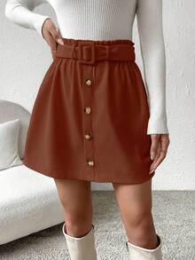 Pariaura 女式纯色灯芯绒前扣高腰休闲裙 - 咖啡棕 - 查看 6