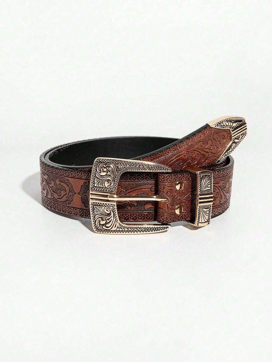 1pc Vintage Floral Pattern PU Leather Belt, Minimalist & Practical Multifunctional