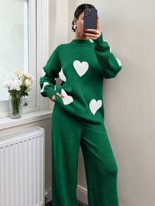 EURMUSE Conjunto de 2 peças de suéter e calça com estampa de coração e gola redonda para mulheres - Multicolorido - Ver 3