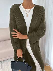 EURMUSE 女士休闲纯色拼布口袋长款开衫，秋冬