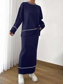 EURMUSE Women Solid Color Round Neck Drop Shoulder Stripe Pattern Pullover & Sweater Skirt Set,Petite,Winter Clothes - Navy Blue - View 6