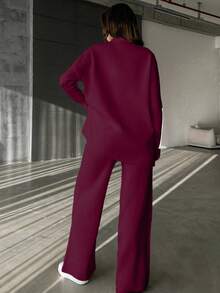 EURMUSE Women's Contrast Color Stand Collar Long Sleeve Sweater And Knitted Pants Casual 2 Pieces Set - Burgundy - View 2
