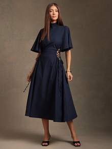 L'Amorae Women Stretch Mock Neck Midi Dress With Flutter Sleeve And Matching Head Scarf - Navy Blue - View 1