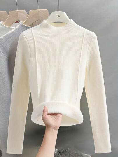 Franclia Thickened Fleece Women Autumn/Winter Sweater, Fitted With Button Decor Knitted Pullover Top