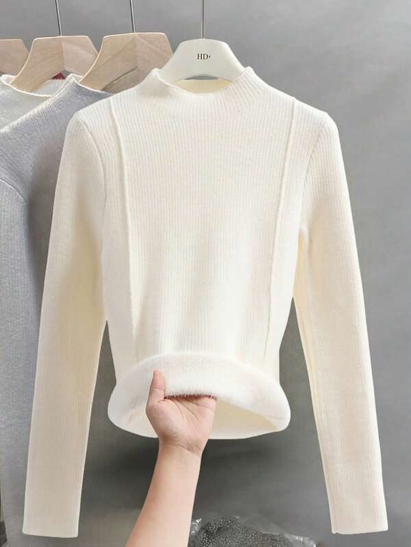 Franclia Thickened Fleece Women Autumn/Winter Sweater, Fitted With Button Decor Knitted Pullover Top