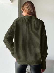 EURMUSE Women Round Neck Raglan Long Sleeve Loose Knit Sweater - Dark Green - View 2