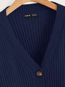 SHEIN EZwear Áo khoác cardigan cổ chữ V cài nút phía trước màu xanh navy thường ngày - Màu xanh hải quân - Xem 3