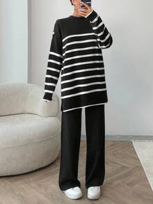 EURMUSE Women Stripe Pattern Button Detailed Round Neck Drop Shoulder Pullover & Sweater Pants Set - Black - View 3