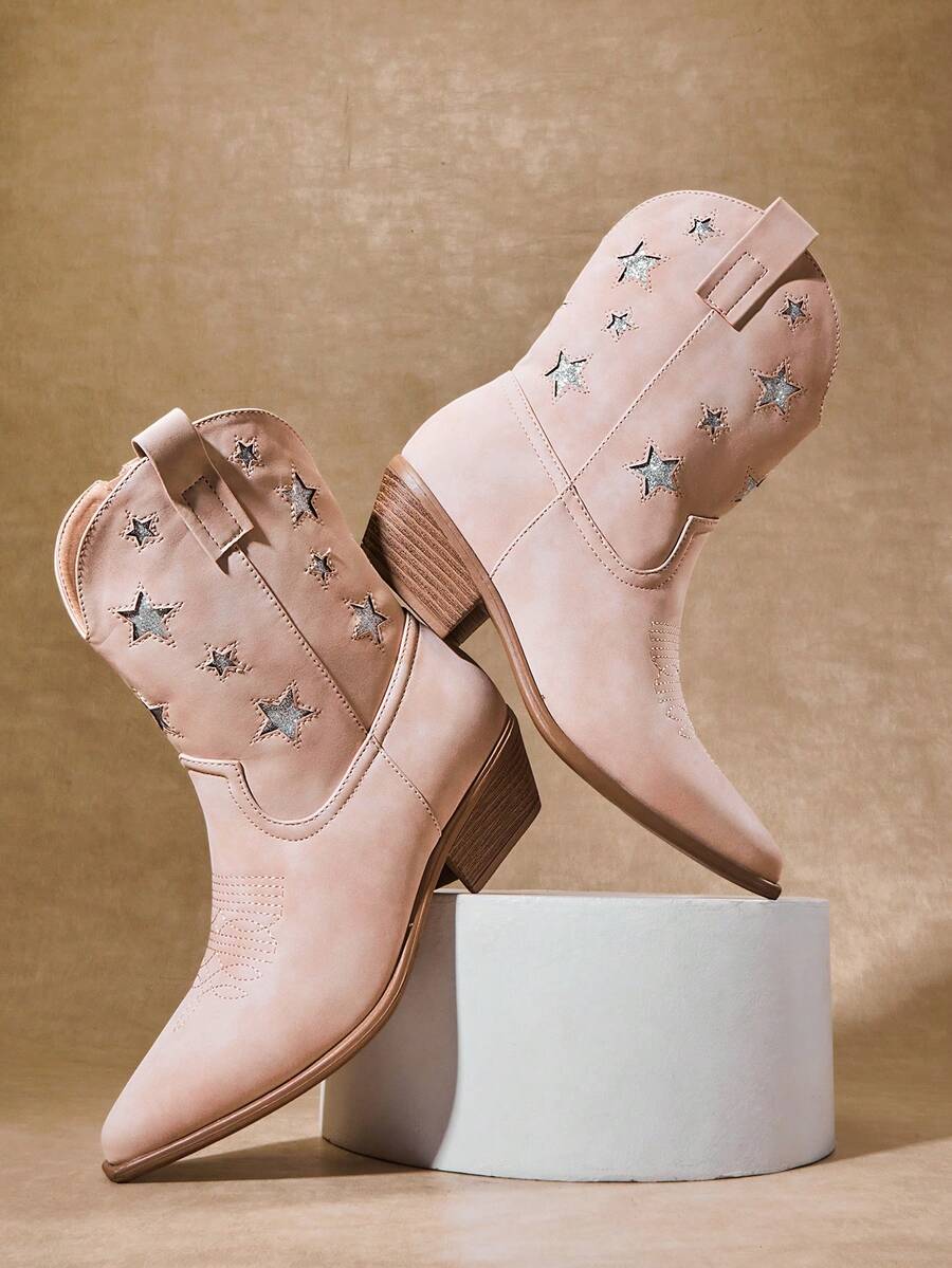 SHUZIA 女式迷人尖头粗跟刺绣西部牛仔踝靴 - 粉色 - 查看 1