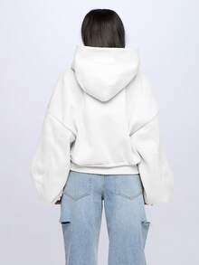 SUMWON WOMEN 超大号短款连帽运动衫宽松长袖套头衫连帽衫秋冬休闲街头服饰 - 白色 - 查看 2