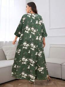 Al Najma 加大码 V 领花卉印花夏季优雅阿拉伯连衣裙，全长家居服 Jalabiya 宽松连衣裙，适合春夏季 - 綠色 - 查看 2