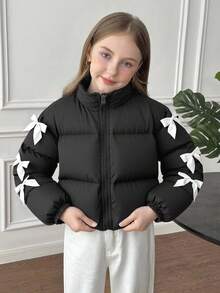 SHEIN Tween Girls Solid Black Color Stand Collar Casual Contrast White Bow Detail Winter Coat, Thickened Loose Fit Oversized Padded Coat Girls Black Puffer Jacket Puffer Jacket With Bows Cropped Puffer Jacket Black Cropped Puffer Jacket Tween Puffer Jacket Girls Cropped Puffer Jacket Black Puffer Jacket With Bows Bow Jacket Black Jacket For Kids Cute Jacket Cropped Jacket Teen Tween Crop Jacket - Black - View 2