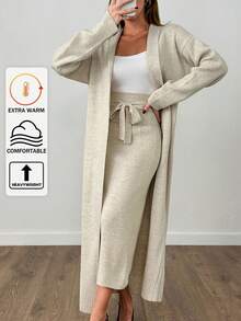 EURMUSE Woman Long Cardigan And Midi Skirt Two Piece Set Co-Ords Beige Two Piece Set Two Piece Lounge Set Beige Lounge Set Knit Two Piece Set Comfortable Two Piece Set,Winter Clothes Women,Winter Clothes,Autumn Outfits Women - Beige - View 1