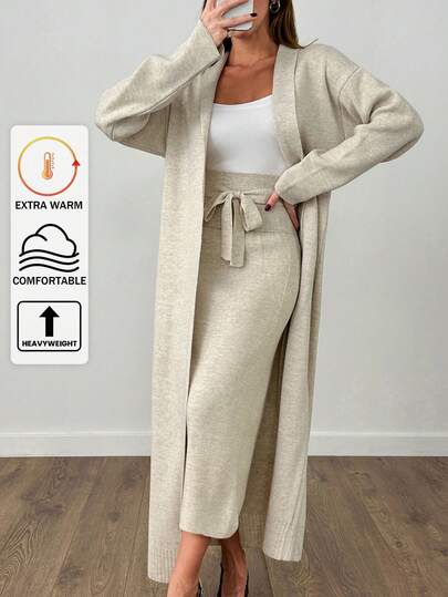 Damen Zweiteiler aus langem Cardigan und Midi-Rock
